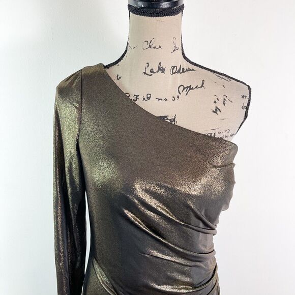 La Femme Curve NWT Metallic 28878 One Shoulder Long Sleeve Gown Black Gold 12 - Picture 7 of 7